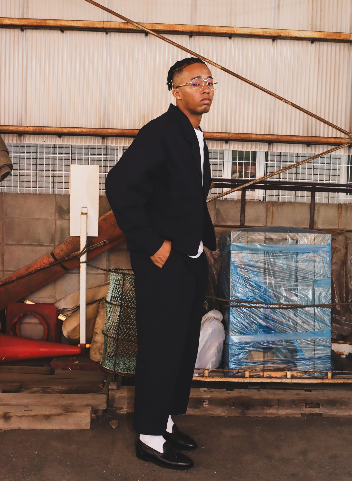 WOODBLOCK HERRINGBONE 2BTN WIDE SLEEVE JACKET NAVY(WB-25AW-004)