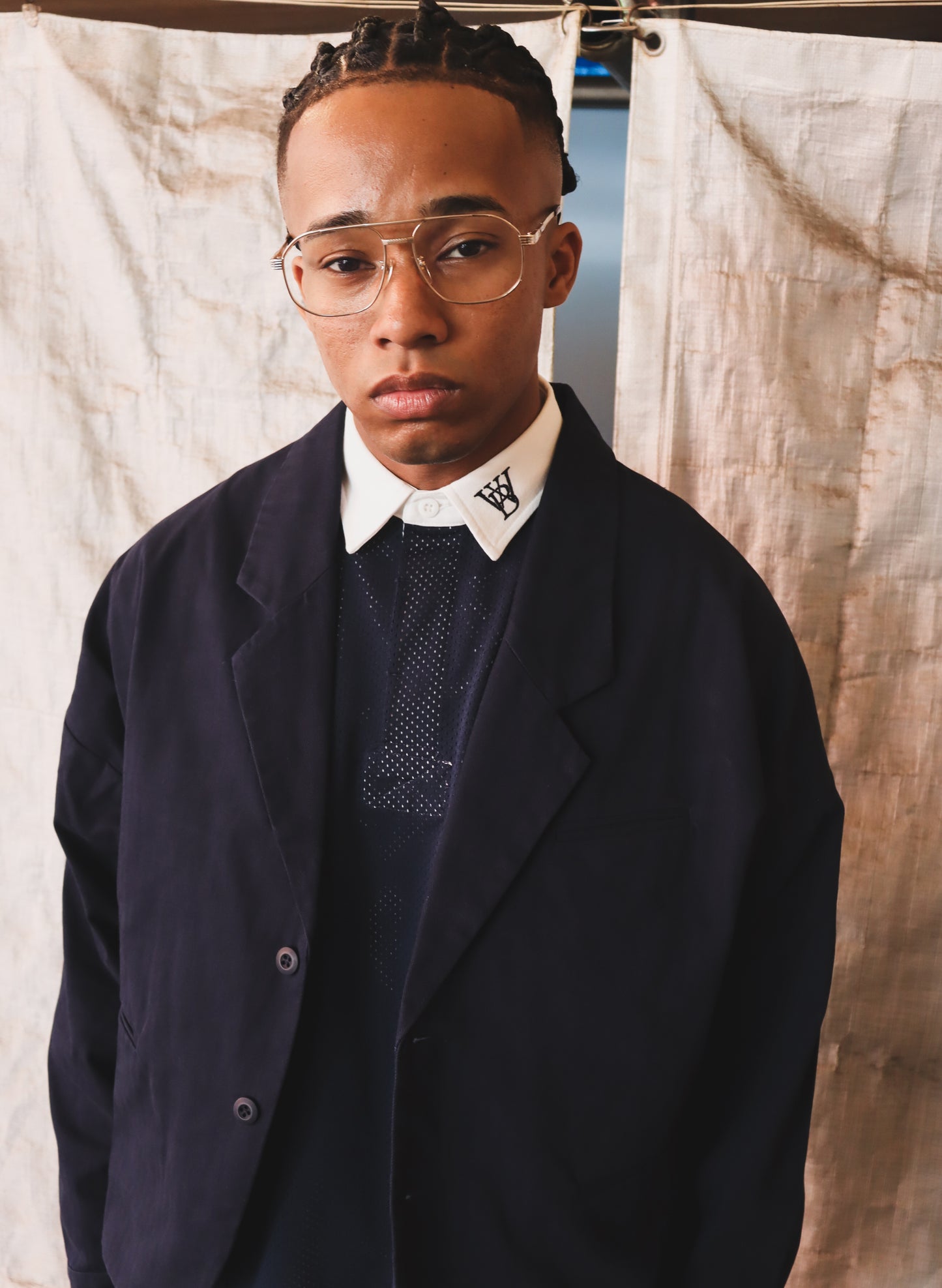 WOODBLOCK HERRINGBONE 2BTN WIDE SLEEVE JACKET NAVY(WB-25AW-004)