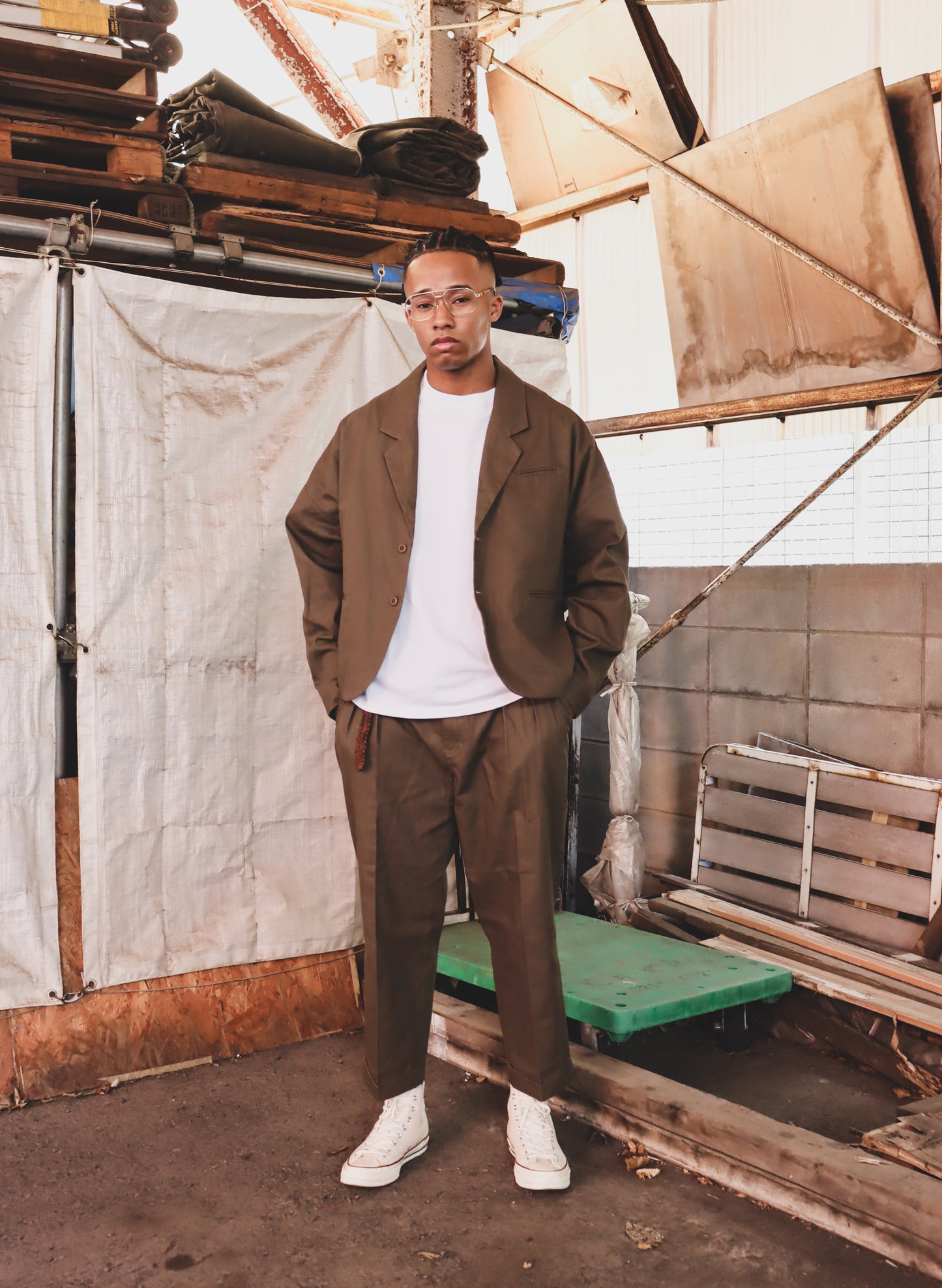 WOODBLOCK HERRINGBONE 2BTN WIDE SLEEVE JACKET OLIVE(WB-25AW-004)