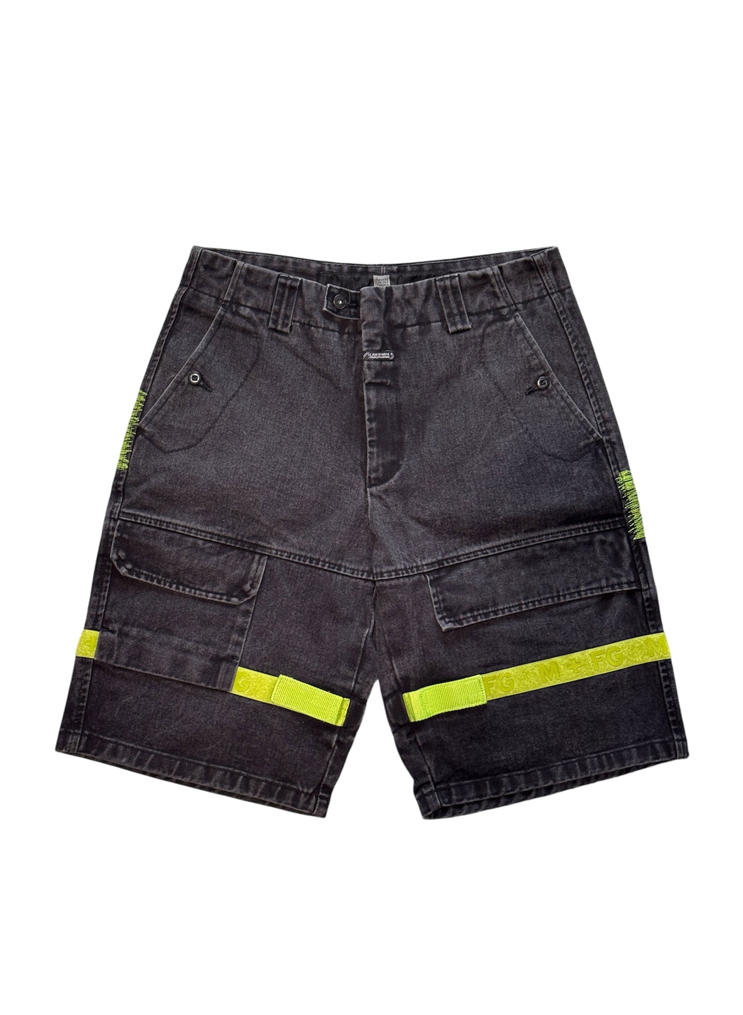 (SUP-284) MARITHE FRANCOIS GIRBAUD VELCRO STRAP BLACK DENIM SHORTS (w34)