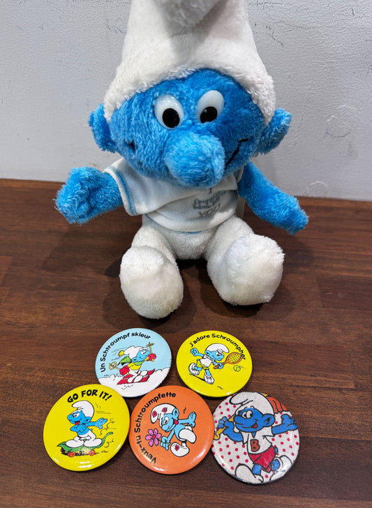 (SUP-749) "SMURFS" 80's Vintage Pinback Button Badge - 56mm