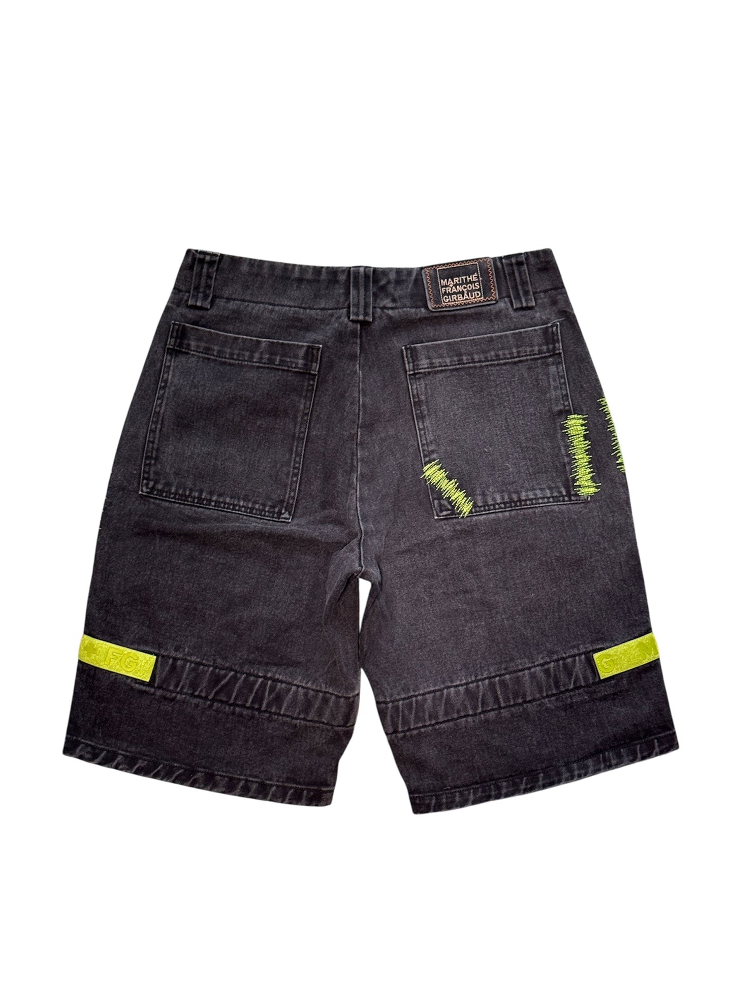 (SUP-284) MARITHE FRANCOIS GIRBAUD VELCRO STRAP BLACK DENIM SHORTS (w34)