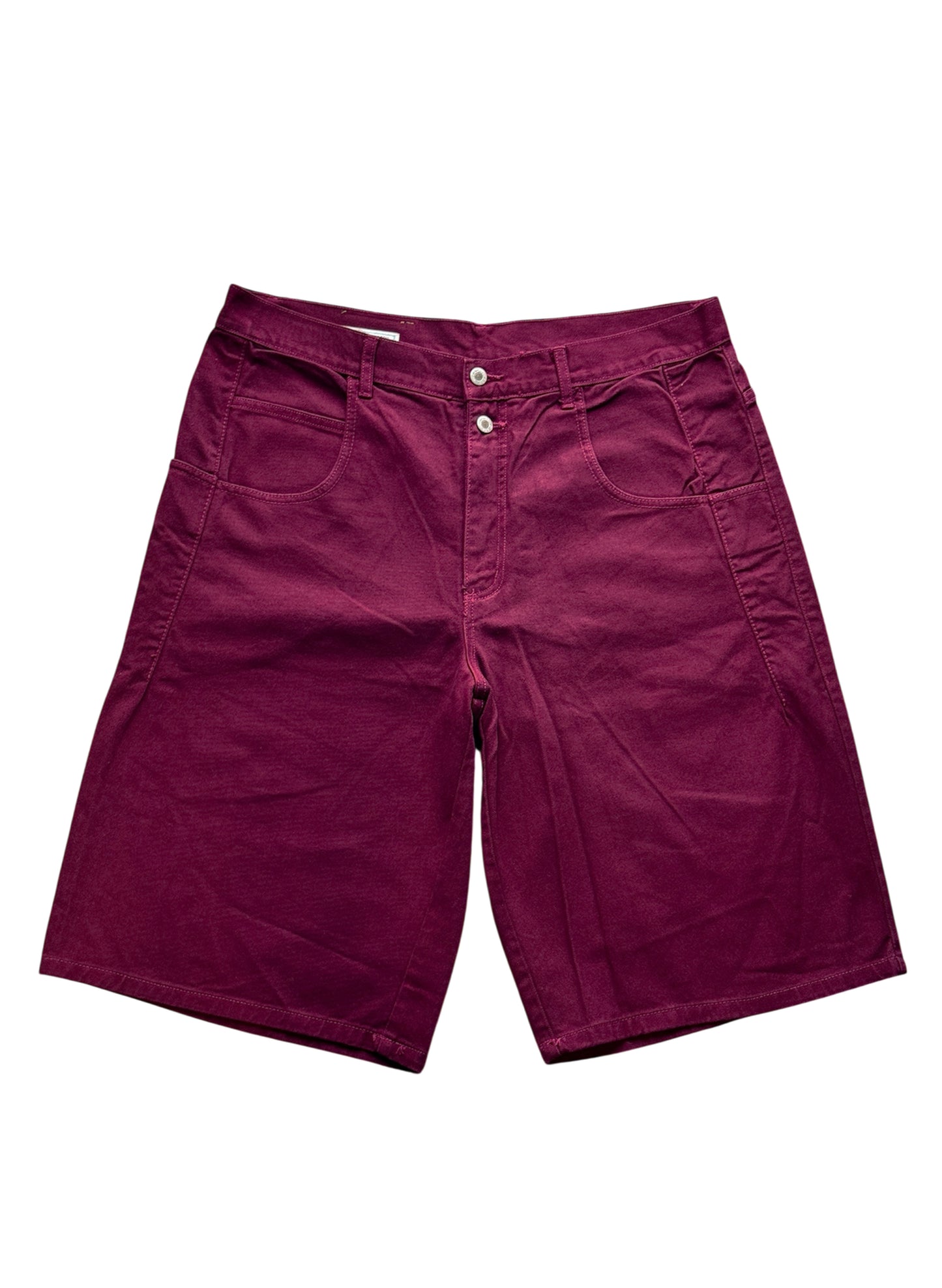 (SUP-389) DEADSTOCK GUESS DENIM JORTS "BURGUNDY" - MADE IN U.S.A. (w36)