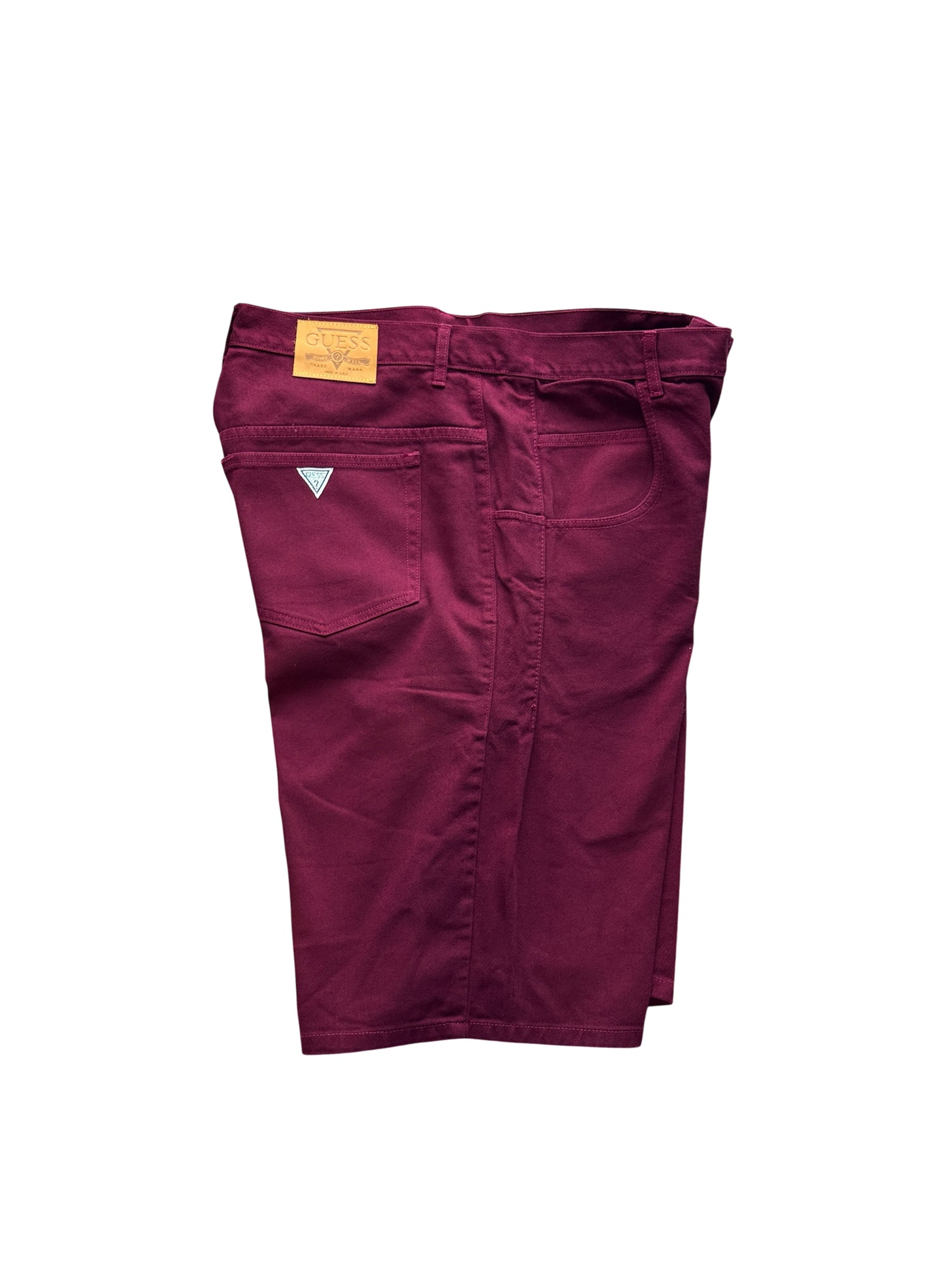 (SUP-389) DEADSTOCK GUESS DENIM JORTS "BURGUNDY" - MADE IN U.S.A. (w36)