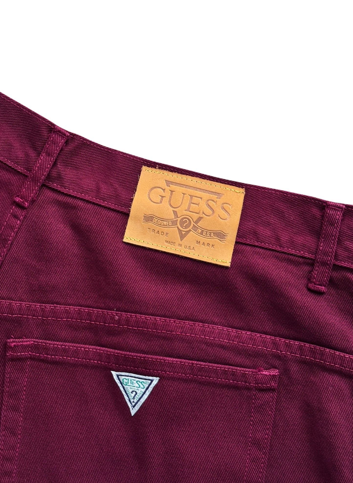 (SUP-389) DEADSTOCK GUESS DENIM JORTS "BURGUNDY" - MADE IN U.S.A. (w36)