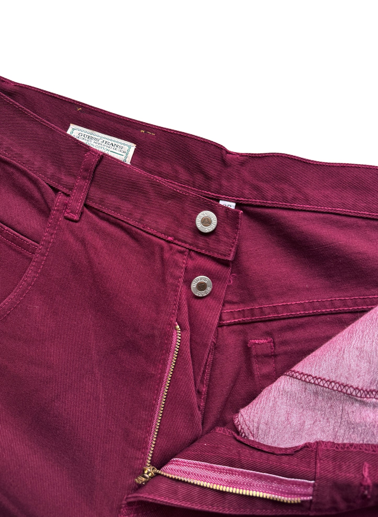 (SUP-389) DEADSTOCK GUESS DENIM JORTS "BURGUNDY" - MADE IN U.S.A. (w36)