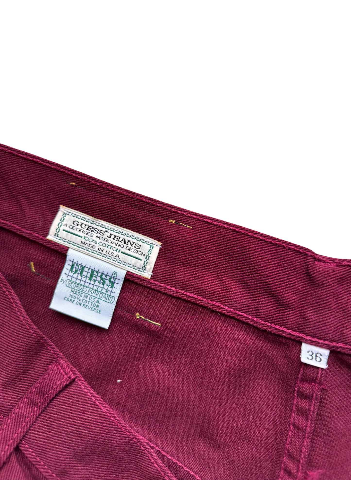 (SUP-389) DEADSTOCK GUESS DENIM JORTS "BURGUNDY" - MADE IN U.S.A. (w36)