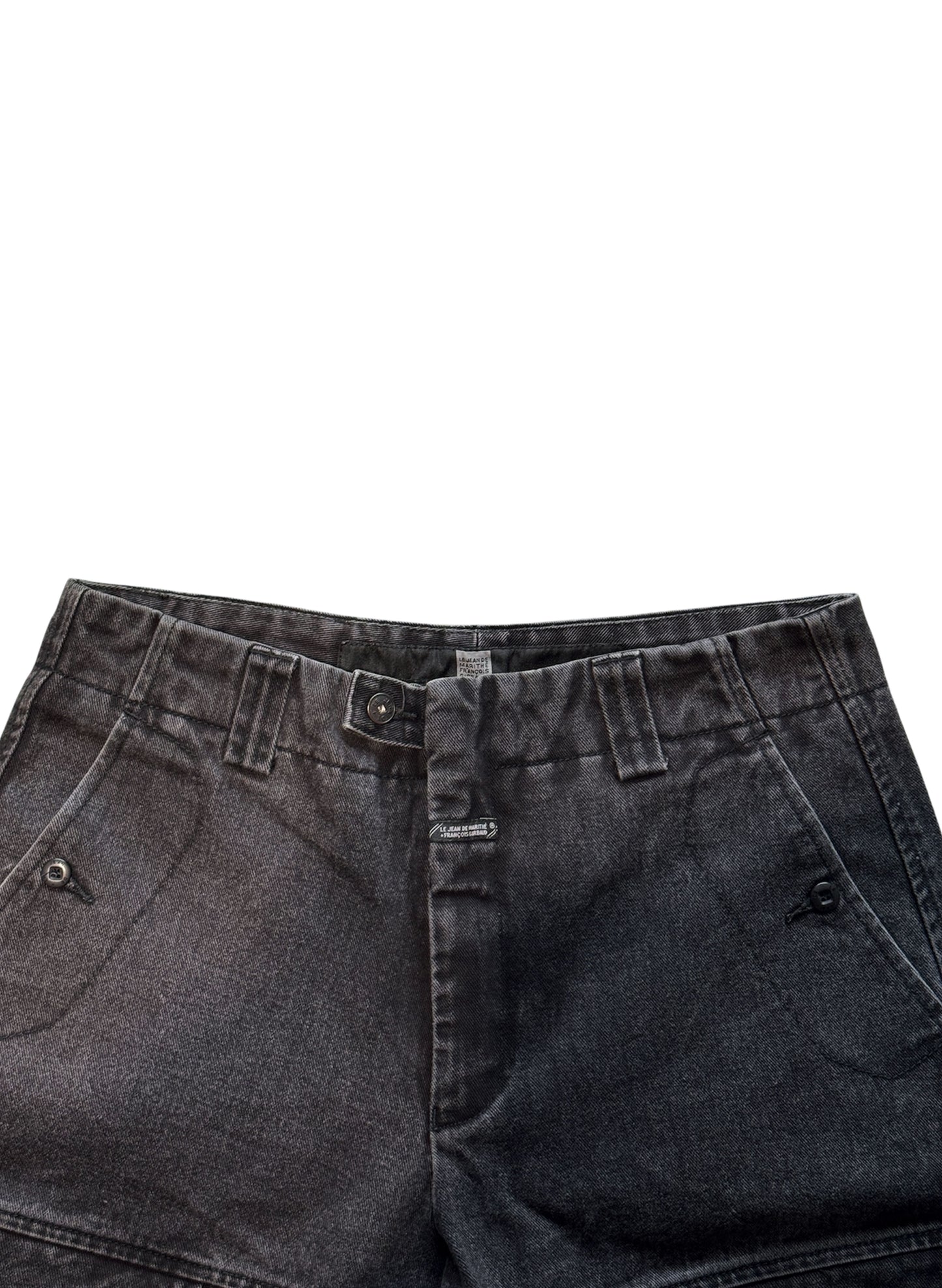 (SUP-284) MARITHE FRANCOIS GIRBAUD VELCRO STRAP BLACK DENIM SHORTS (w34)