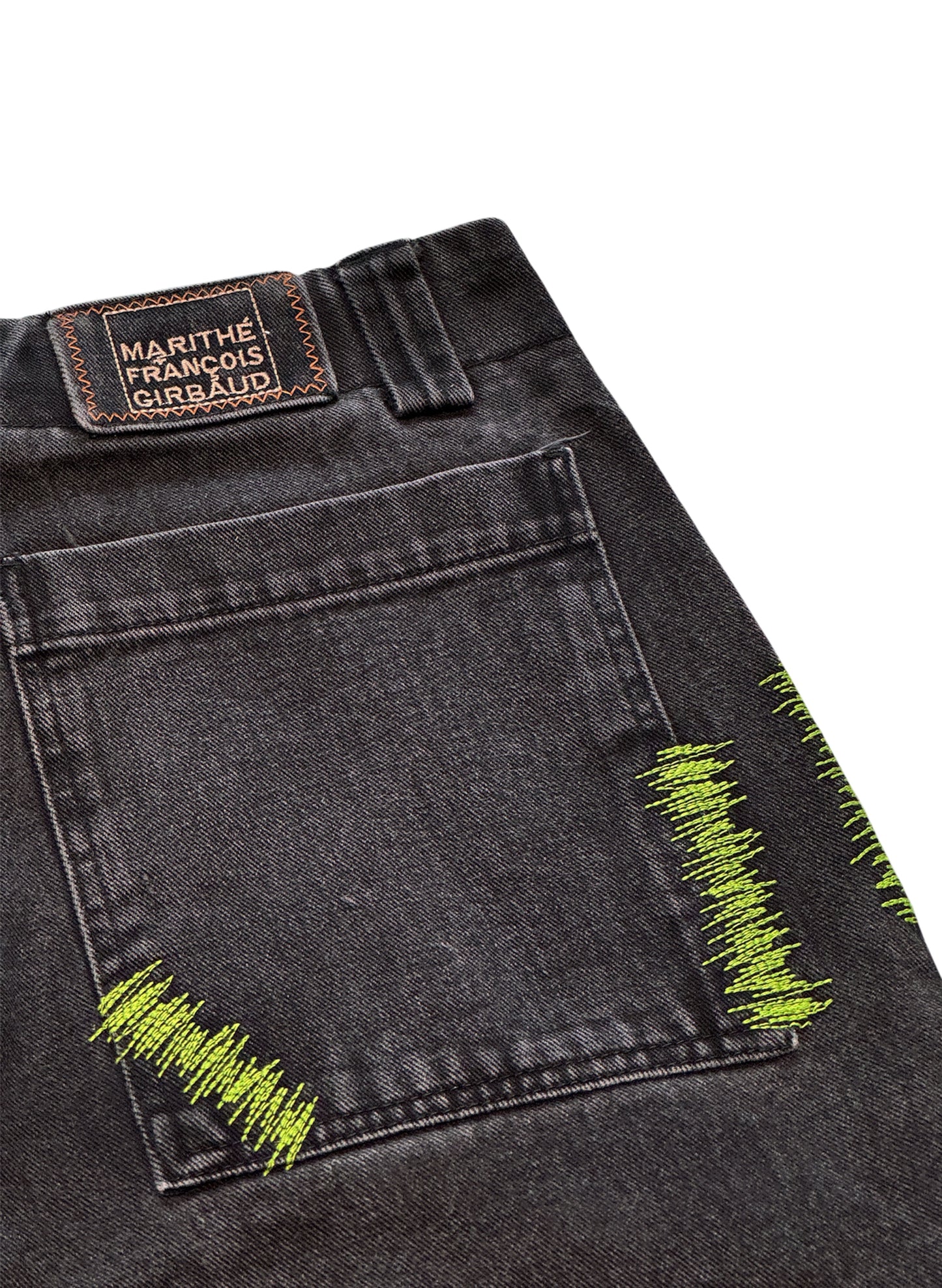 (SUP-284) MARITHE FRANCOIS GIRBAUD VELCRO STRAP BLACK DENIM SHORTS (w34)