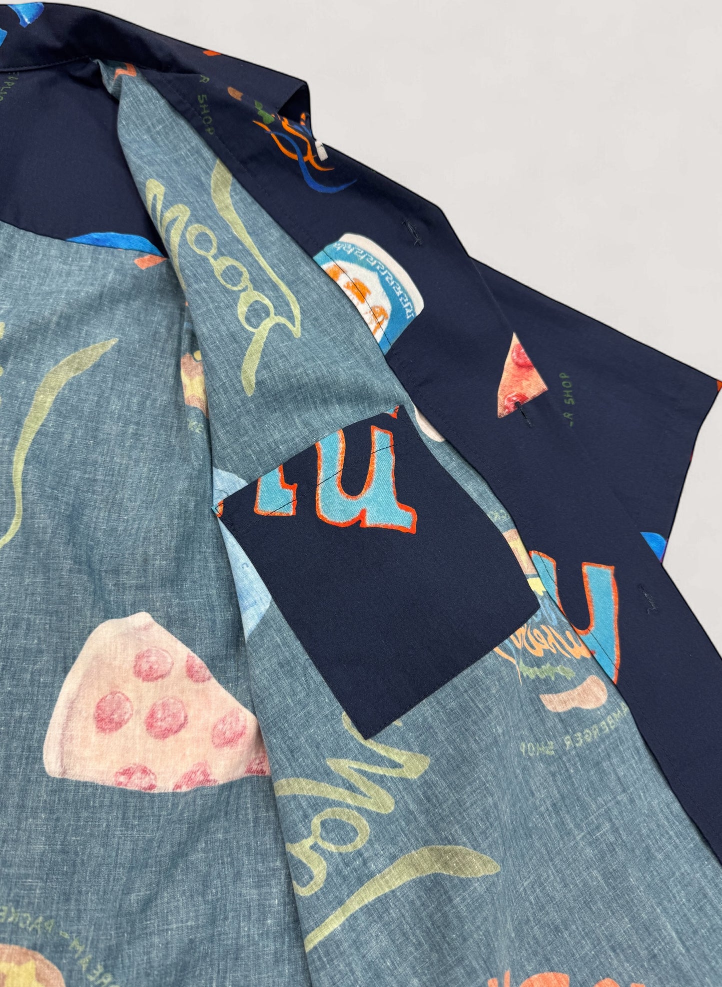 WOODBLOCK x OVERWHELM NEW YORK S/S OPEN COLLAR SHIRT NAVY(Graphic by TSUYOSHI YAMANAKA)(WB-25SS-017)