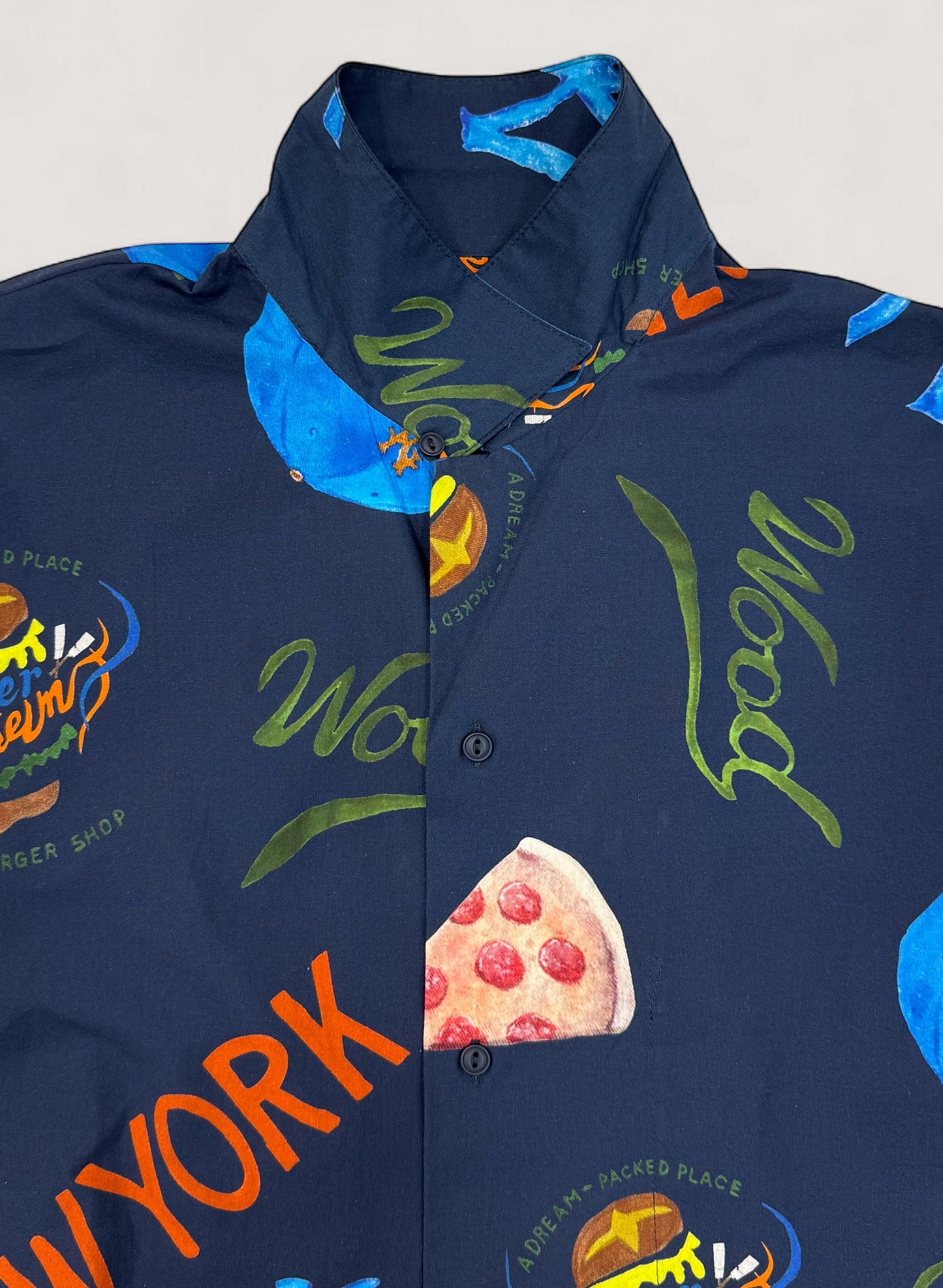 WOODBLOCK x OVERWHELM NEW YORK S/S OPEN COLLAR SHIRT NAVY(Graphic by TSUYOSHI YAMANAKA)(WB-25SS-017)