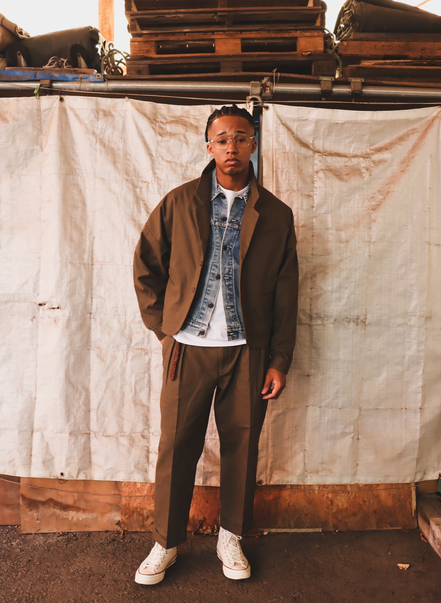 WOODBLOCK HERRINGBONE 2BTN WIDE SLEEVE JACKET OLIVE(WB-25AW-004)