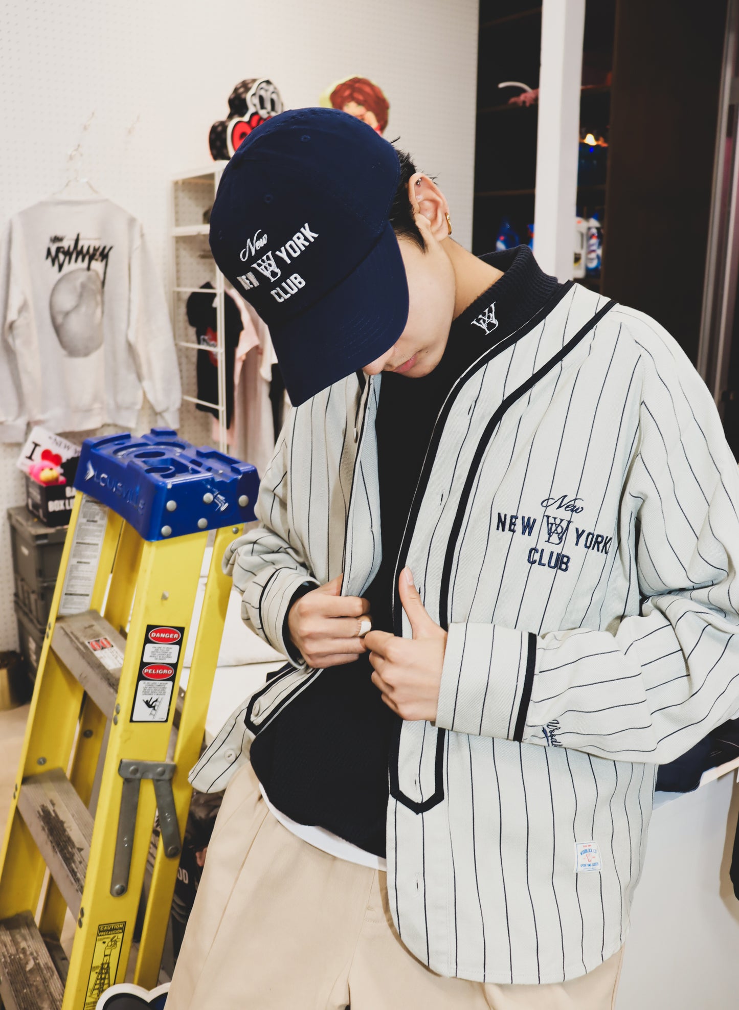 WOODBLOCK × NEW NEW YORK CLUB PINSTRIPE BASEBALL SHIRT GREY/NAVY(WB-24AW-013)