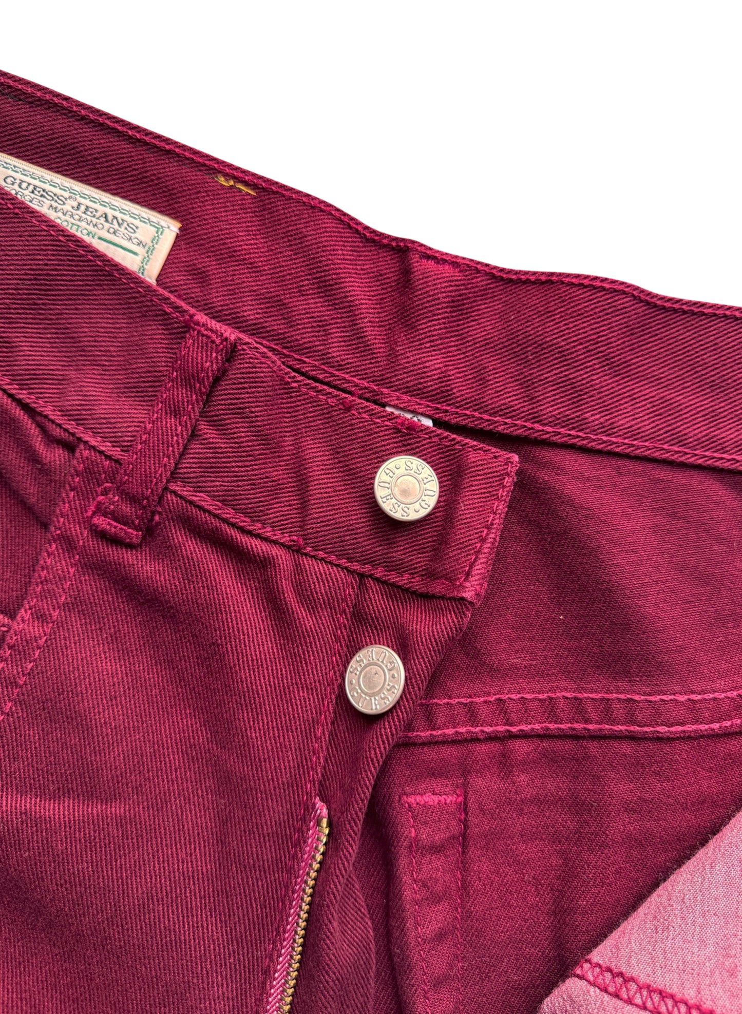 (SUP-388) DEADSTOCK GUESS DENIM JORTS "BURGUNDY" No.2 - MADE IN U.S.A. (w30)