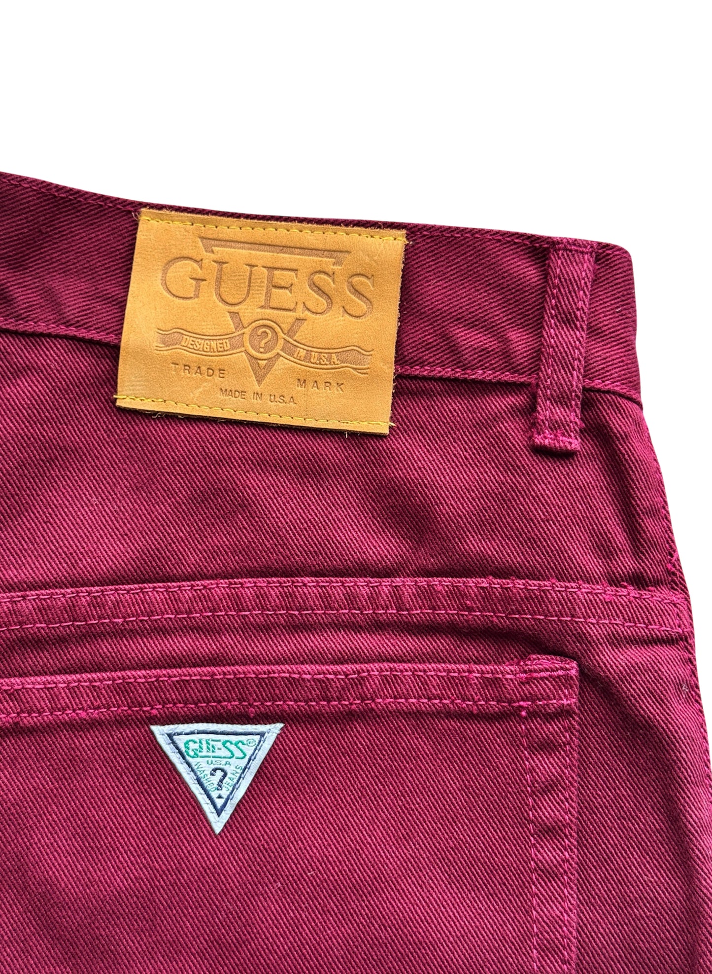 (SUP-388) DEADSTOCK GUESS DENIM JORTS "BURGUNDY" No.2 - MADE IN U.S.A. (w30)