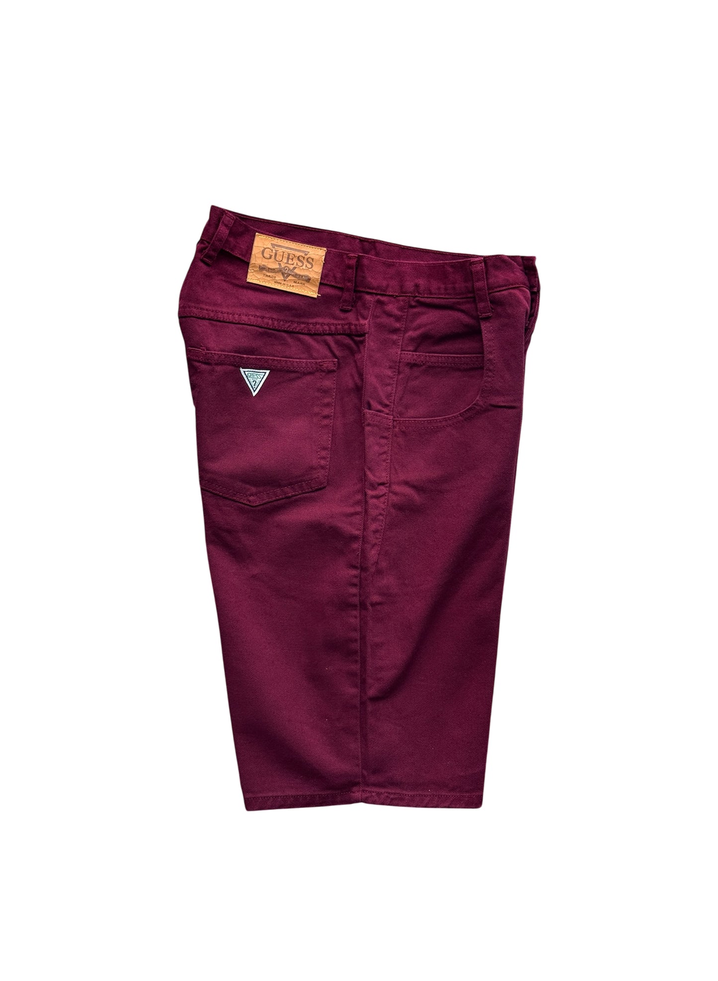 (SUP-387) DEADSTOCK GUESS DENIM JORTS "BURGUNDY" - MADE IN U.S.A. (w30)