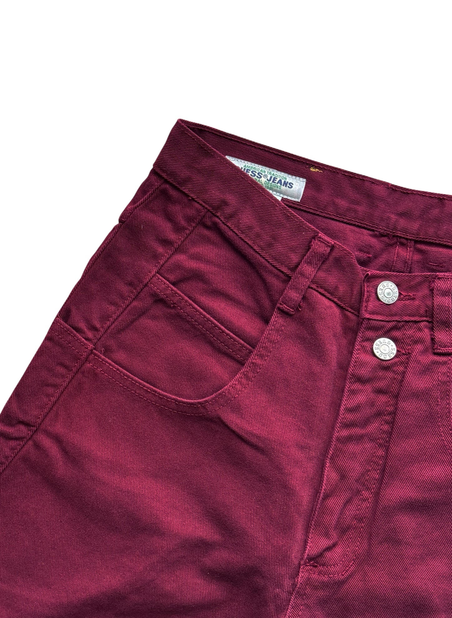 (SUP-387) DEADSTOCK GUESS DENIM JORTS "BURGUNDY" - MADE IN U.S.A. (w30)