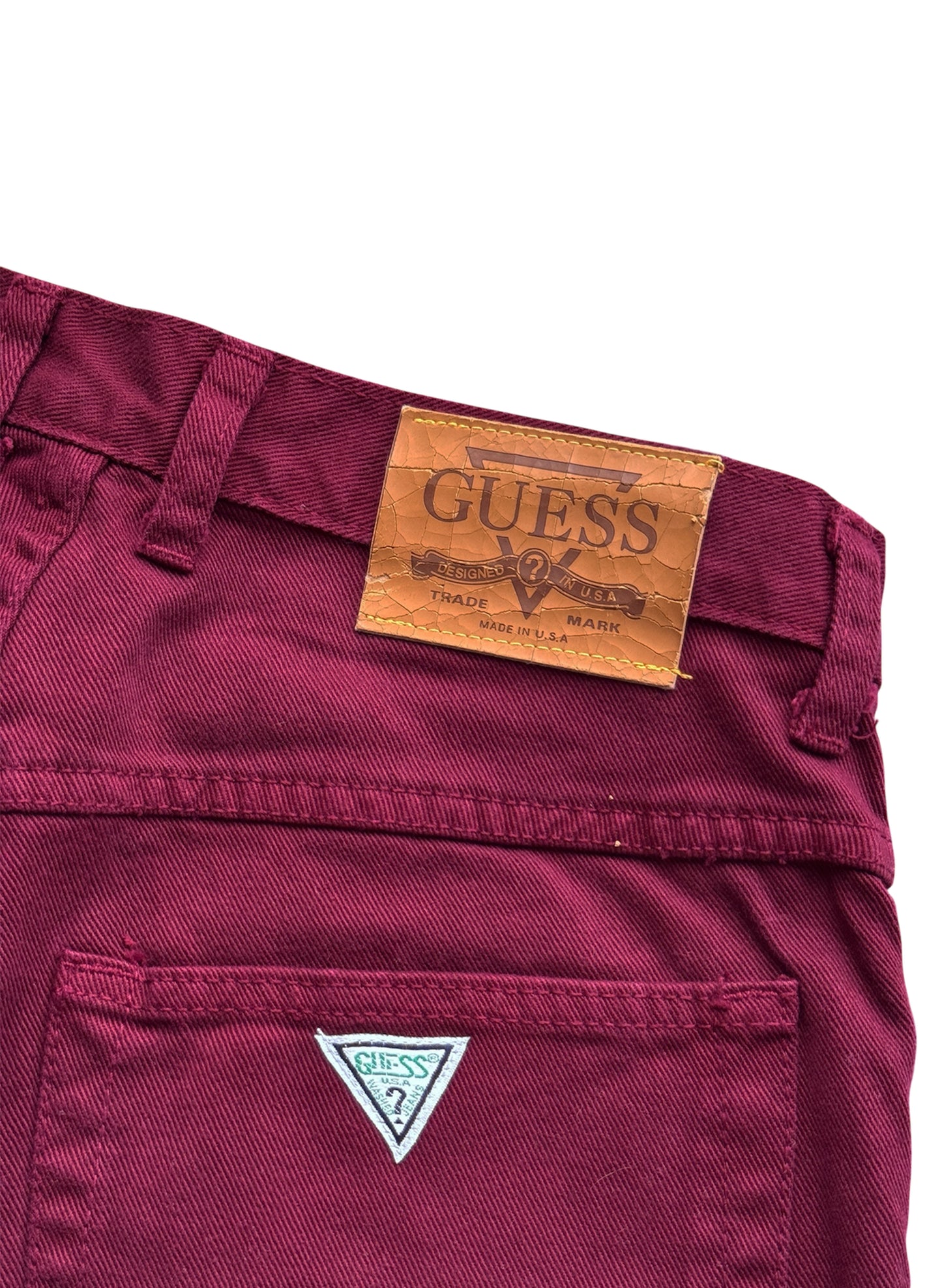 (SUP-387) DEADSTOCK GUESS DENIM JORTS "BURGUNDY" - MADE IN U.S.A. (w30)