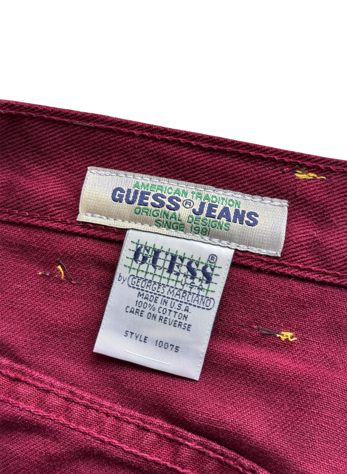 (SUP-387) DEADSTOCK GUESS DENIM JORTS "BURGUNDY" - MADE IN U.S.A. (w30)