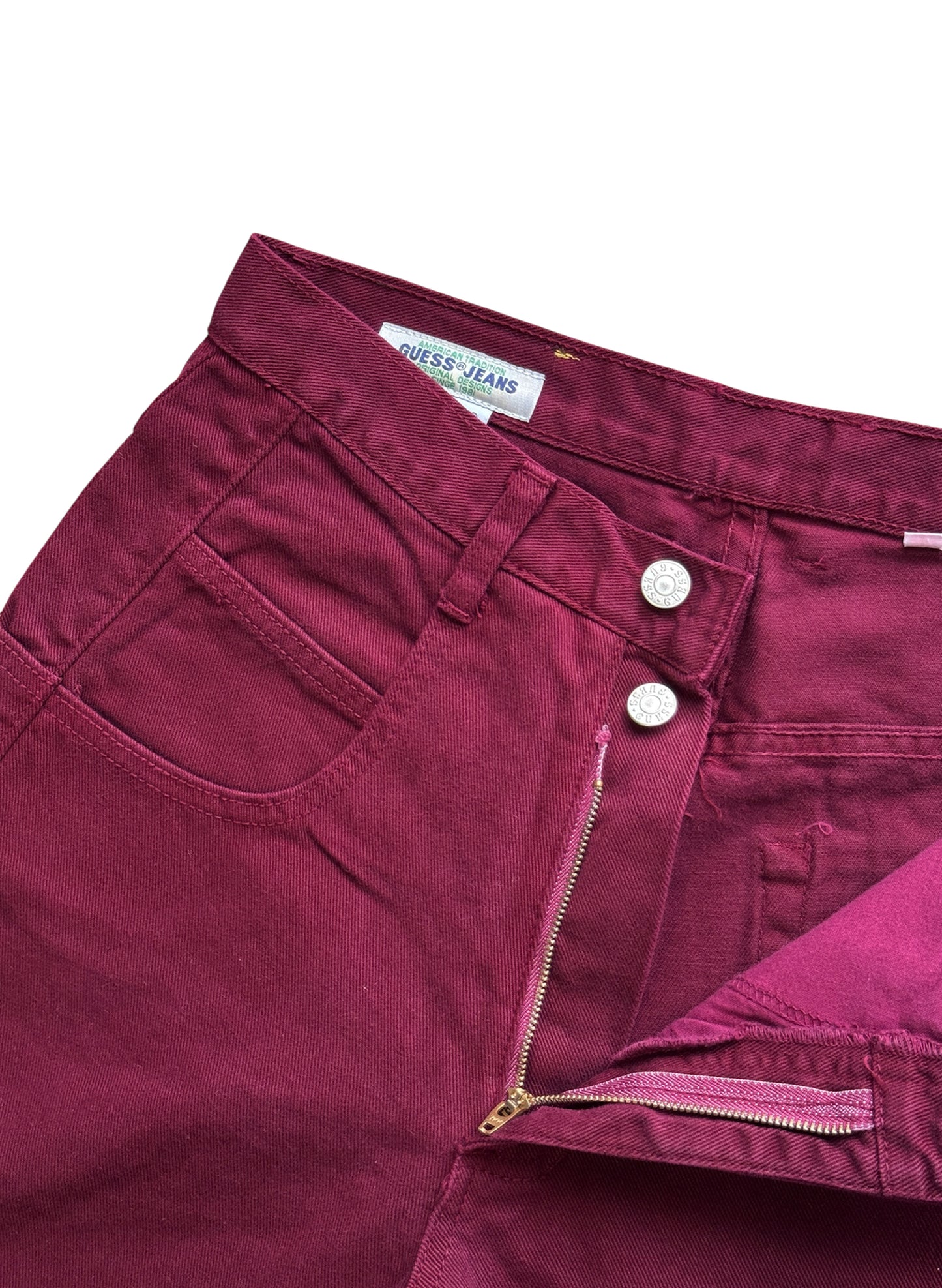 (SUP-387) DEADSTOCK GUESS DENIM JORTS "BURGUNDY" - MADE IN U.S.A. (w30)