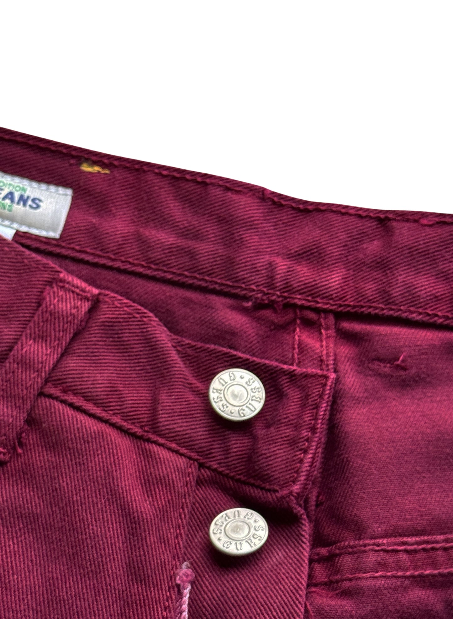 (SUP-387) DEADSTOCK GUESS DENIM JORTS "BURGUNDY" - MADE IN U.S.A. (w30)
