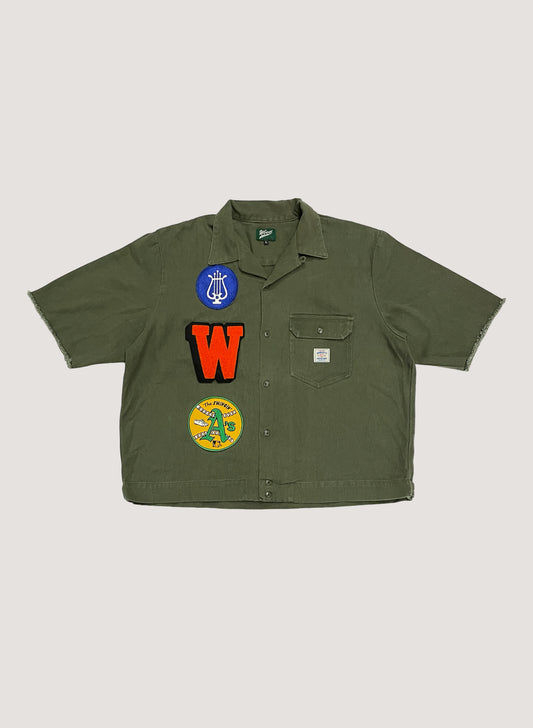 (WB-24SS-043) WOODBLOCK CUSTOMIZED CUT-OFF SLEEVE PATCHED OPEN COLLAR SHIRT