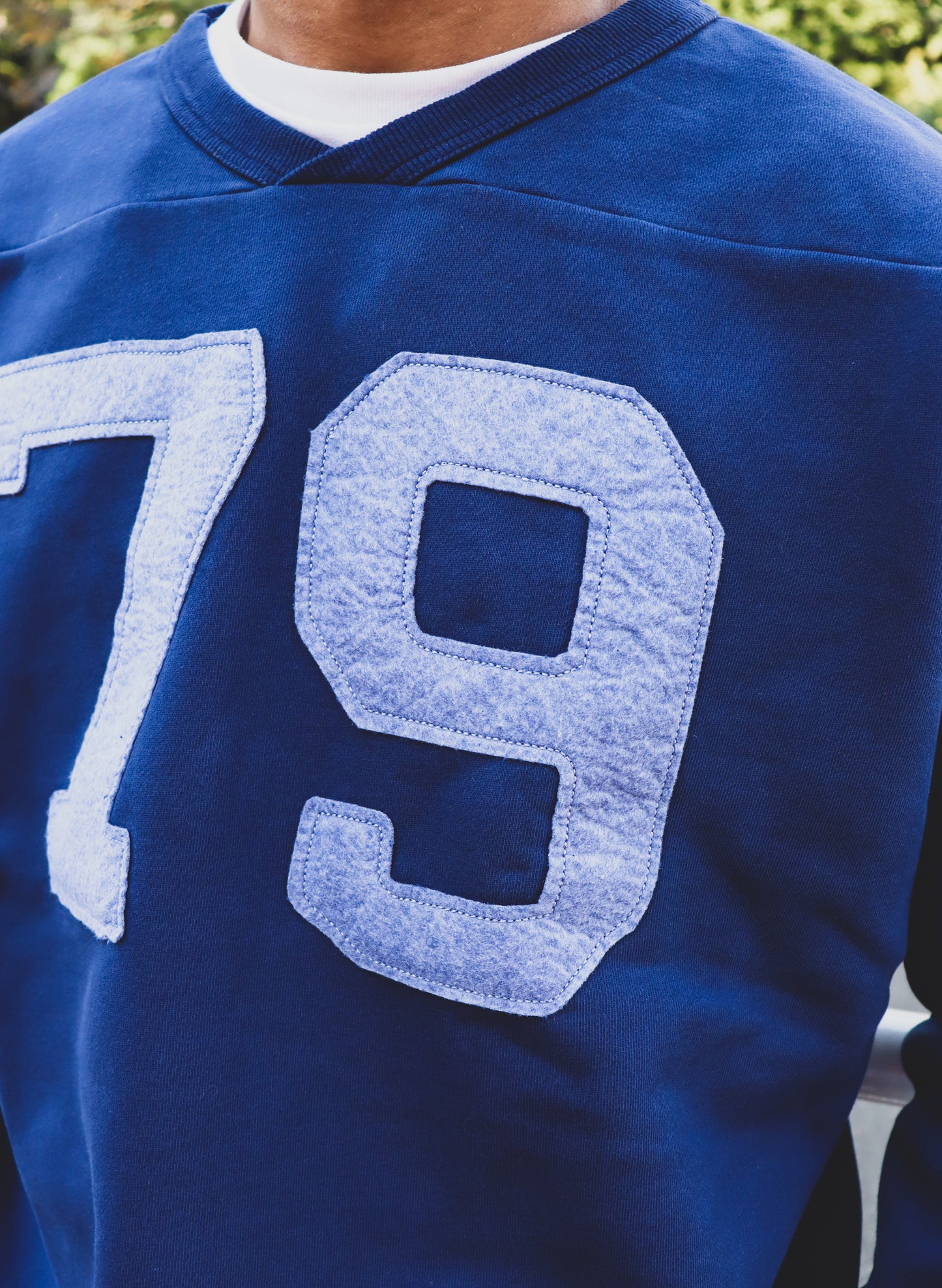 WOODBLOCK 79 FELT PATCHED PIGMENT FOOTBALL SWEAT NAVY (WB-23AW-037)