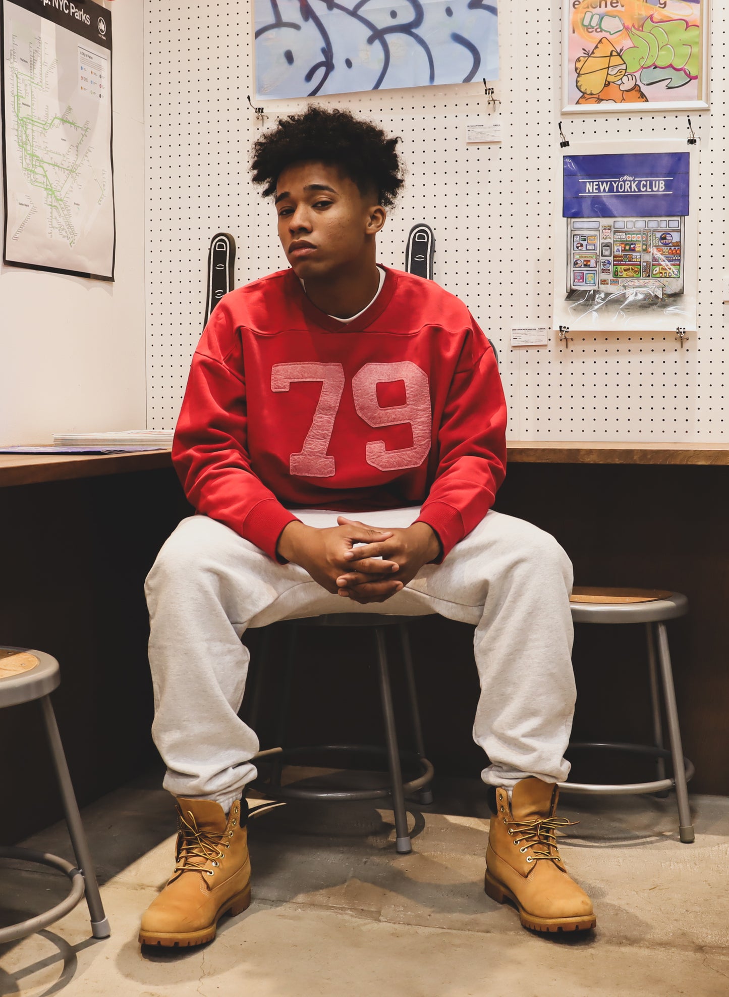 WOODBLOCK 79 FELT PATCHED PIGMENT FOOTBALL SWEAT RED (WB-23AW-037)