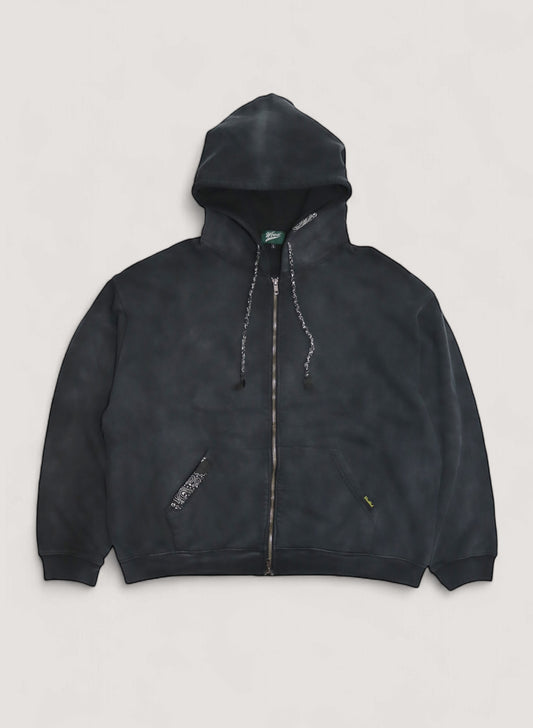 WOODBLOCK BANDANA PATCHED SUN FADE ZIP UP SWEAT HOODIE BLACK(WB-24AW-010)
