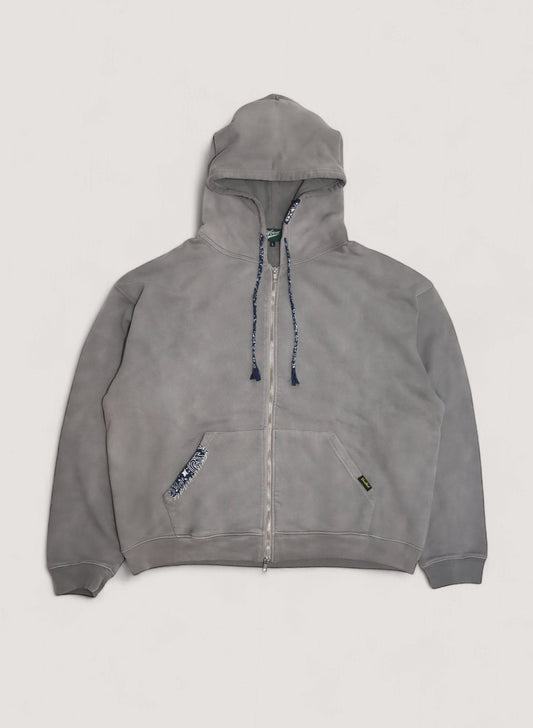 WOODBLOCK BANDANA PATCHED SUN FADE ZIP UP SWEAT HOODIE GREY/NAVY (WB-24AW-010)