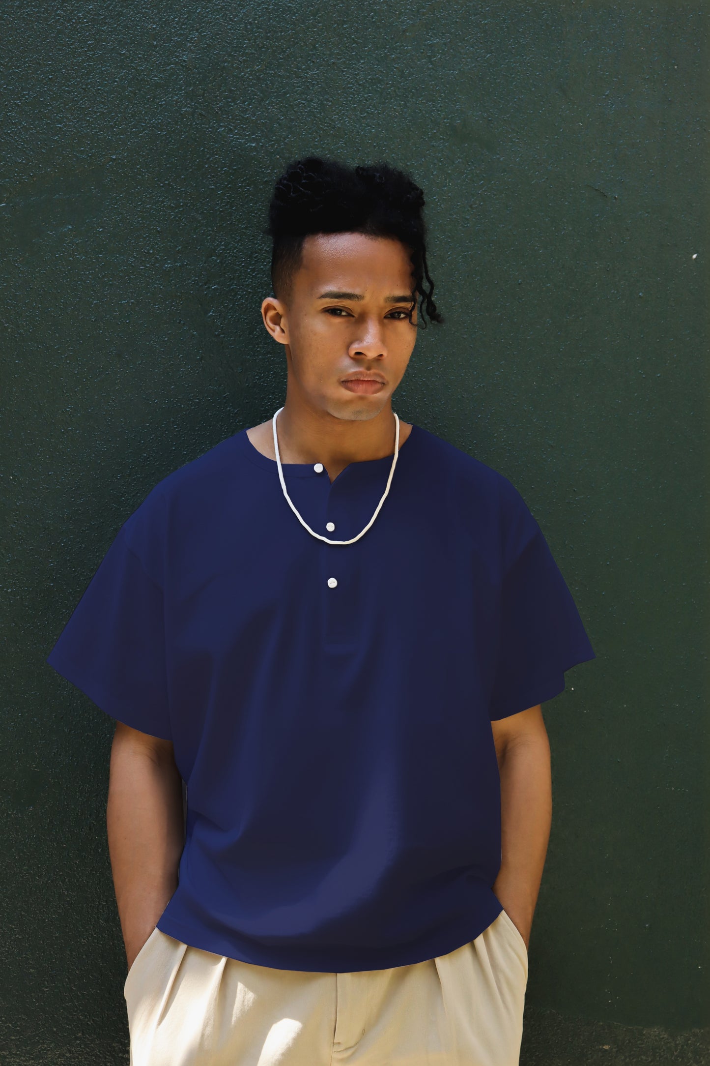 WOODBLOCK S/S WIDE TAPERED SILHOUETTE HENRY NECK T-SHIRT NAVY (WB-26SS-018)