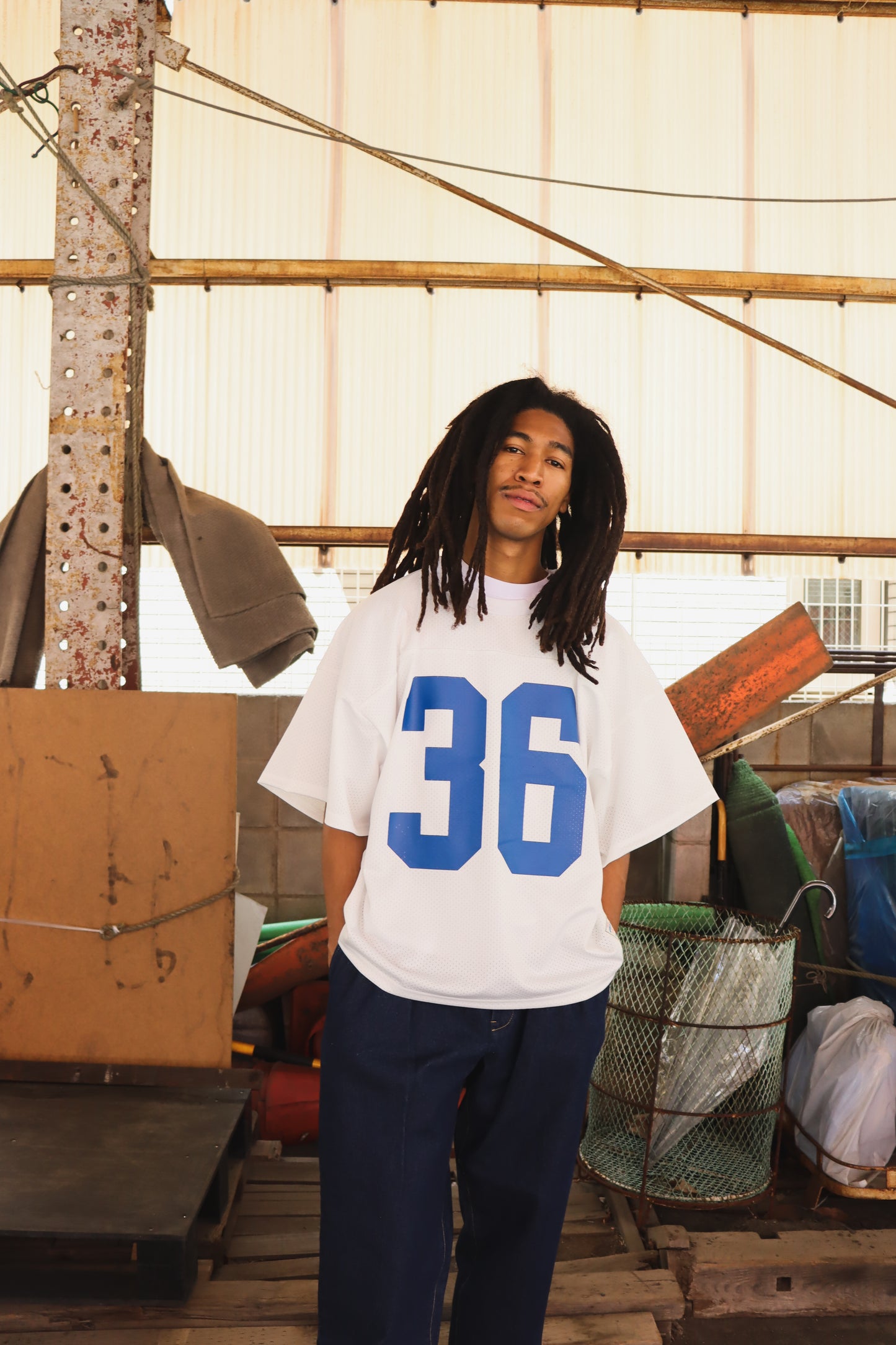 WOODBLOCK 36 S/S CREW NECK MESH FOOTBALL SHIRT WHITE/BLUE (WB-26SS-020)