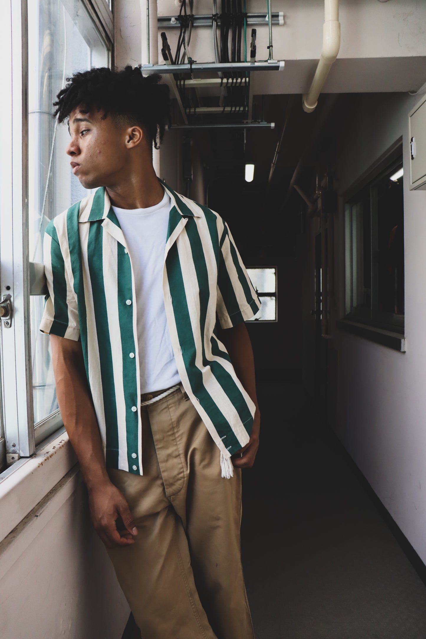 WOODBLOCK S/S OPEN COLLAR STRIPE SHIRT GREEN(23SS-022)