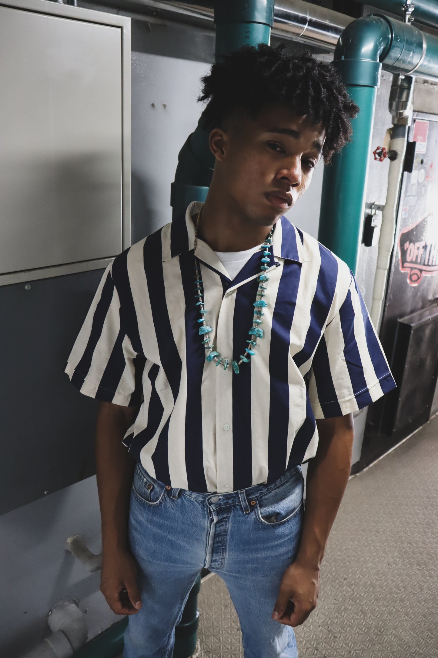 WOODBLOCK S/S OPEN COLLAR STRIPE SHIRT NAVY(23SS-022)