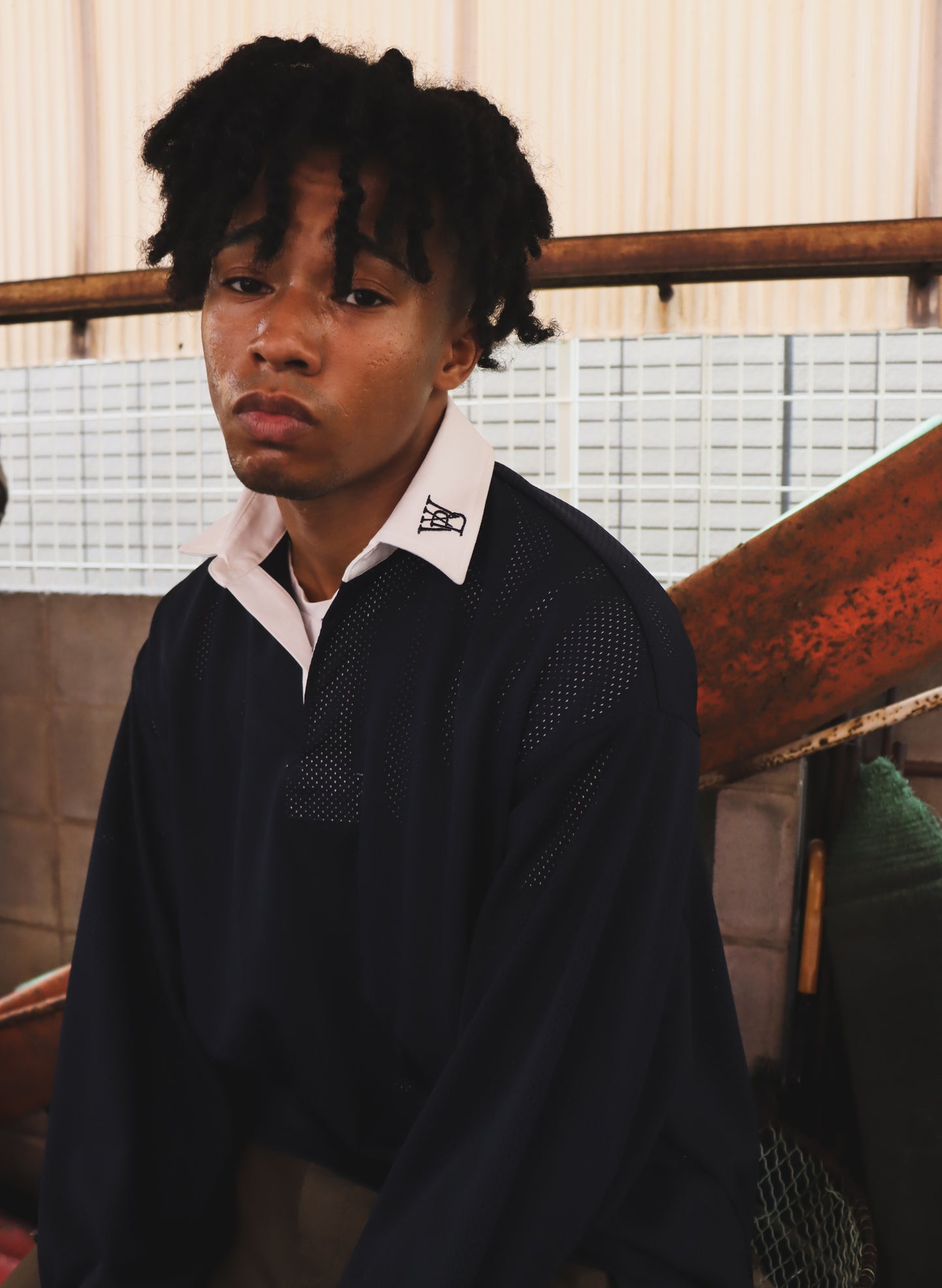 WOODBLOCK LS MESH RUGGER SHIRT NAVY/WHITE (WB-25AW-003)