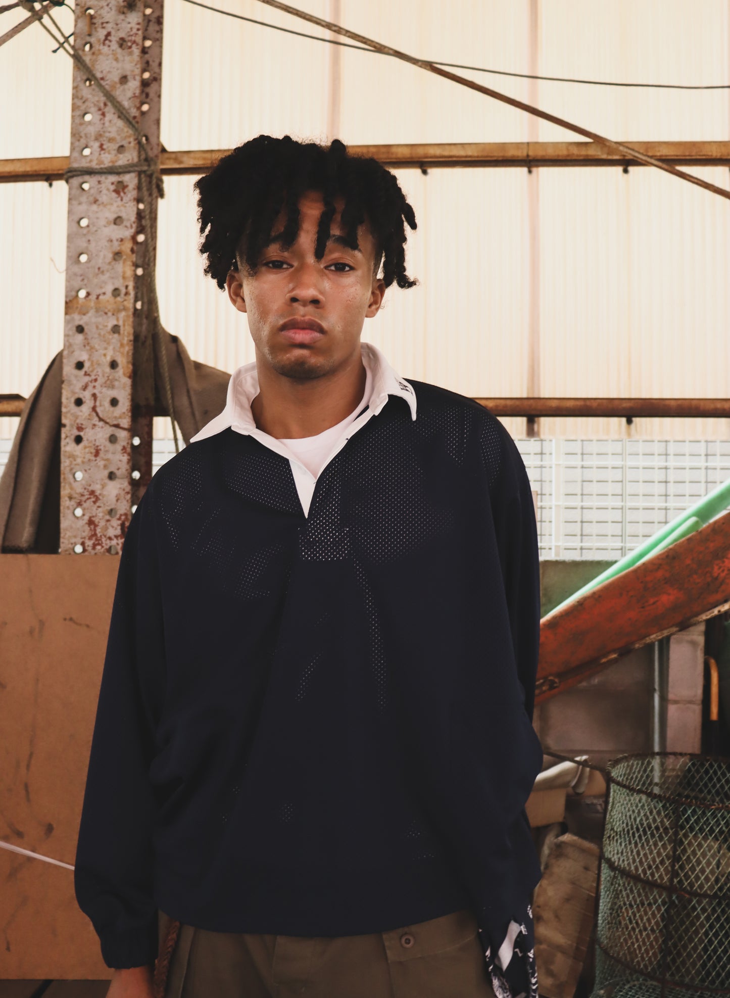 WOODBLOCK LS MESH RUGGER SHIRT NAVY/WHITE (WB-25AW-003)