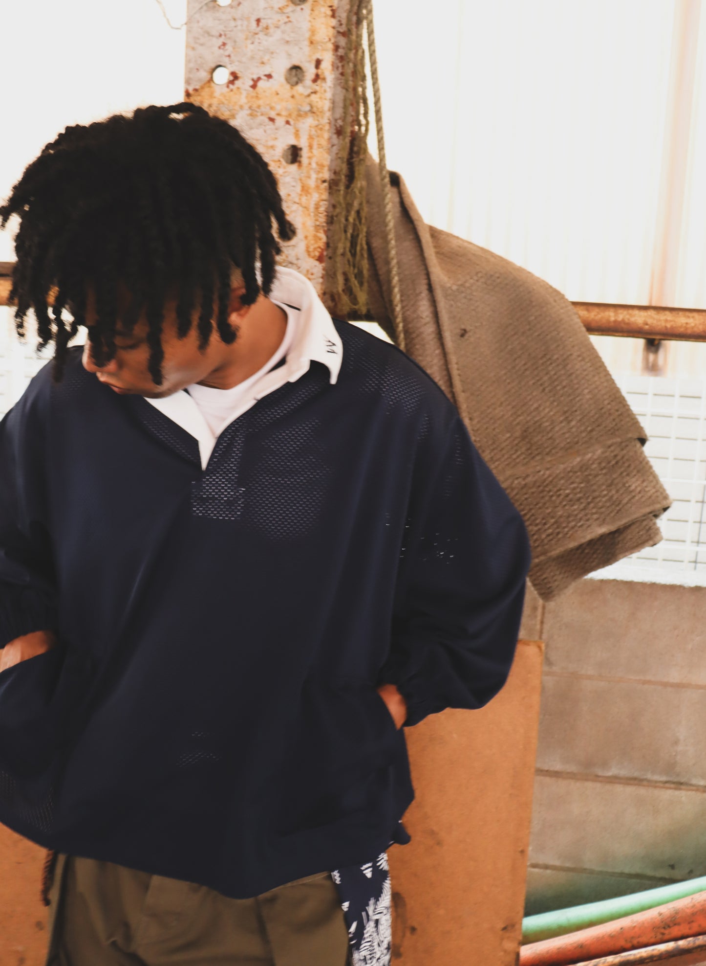 WOODBLOCK LS MESH RUGGER SHIRT NAVY/WHITE (WB-25AW-003)