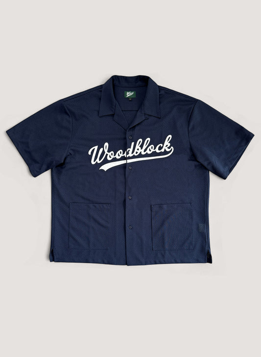 WOODBLOCK SCRIPT LOGO FELT PATCHED S/S OPEN COLLAR 2POCKET MESH SHIRT NAVY/WHITE (WB-25SS-012)