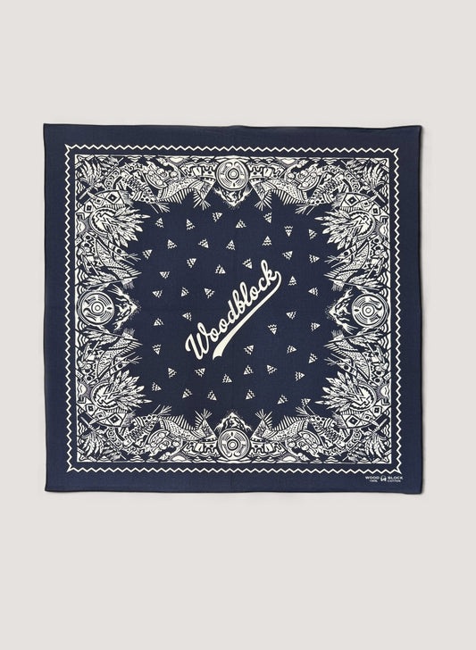 WOODBLOCK BANDANA SCARF NAVY/WHITE( WB-25AW-001)