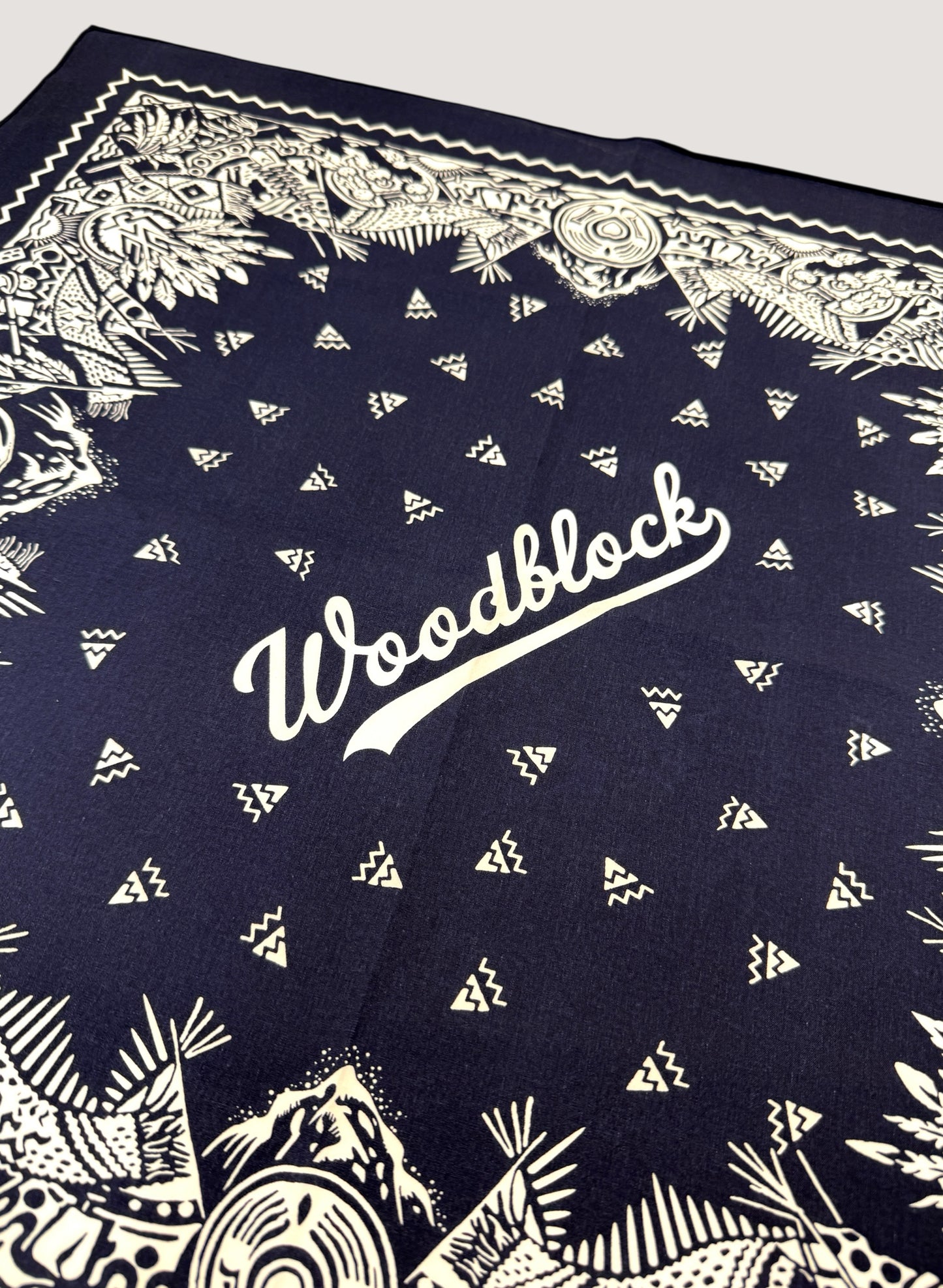 WOODBLOCK BANDANA SCARF NAVY/WHITE( WB-25AW-001)