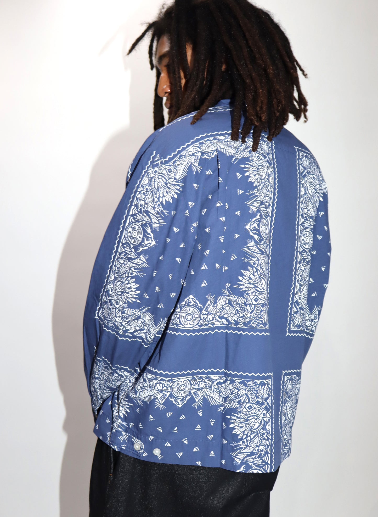 WOODBLOCK L/S OPEN COLLAR BANDANA SHIRT NAVY/WHITE (WB-25SS-008)