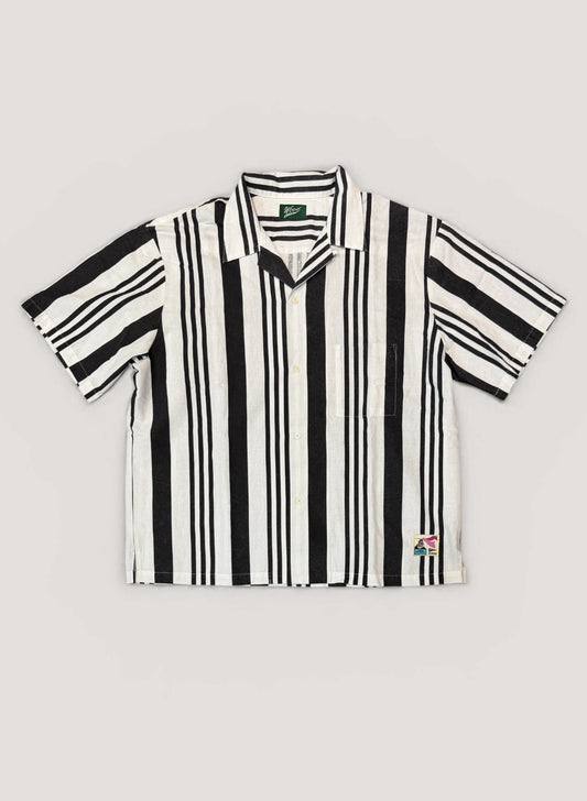 FLYING DUTCHMAN + OMAKASE + WOODBLOCK S/S STRIPE OPEN COLLAR SHIRT WHITE/BLACK (WB-26SS-016)