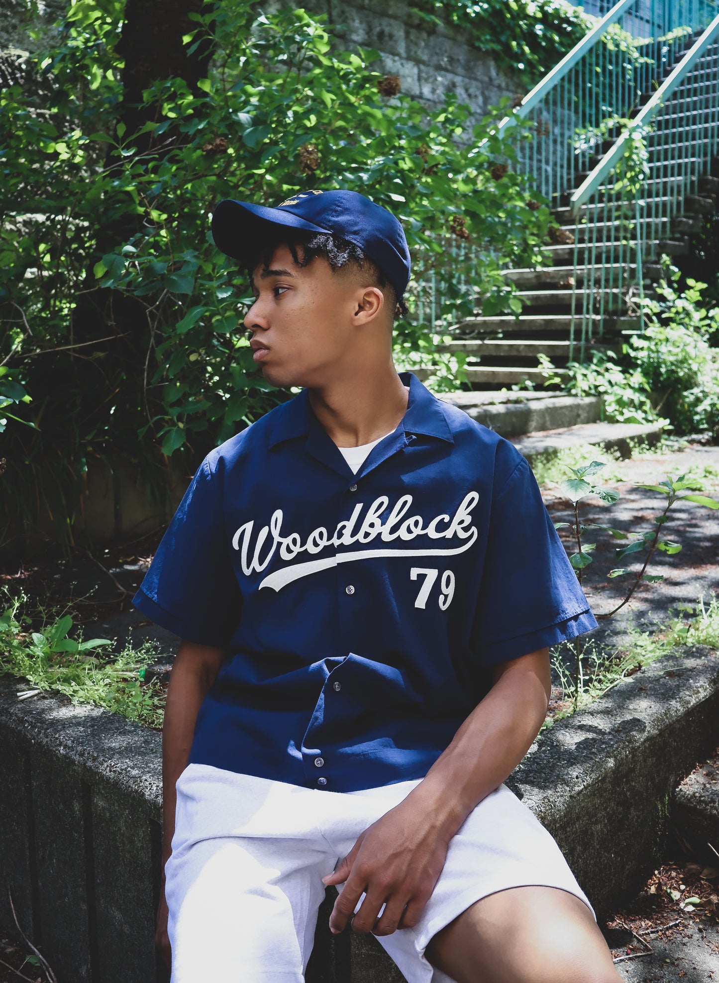 WOODBLOCK S/S OPEN COLLAR SHIRT WITH FELT PATCHES NAVY(23SS-016)