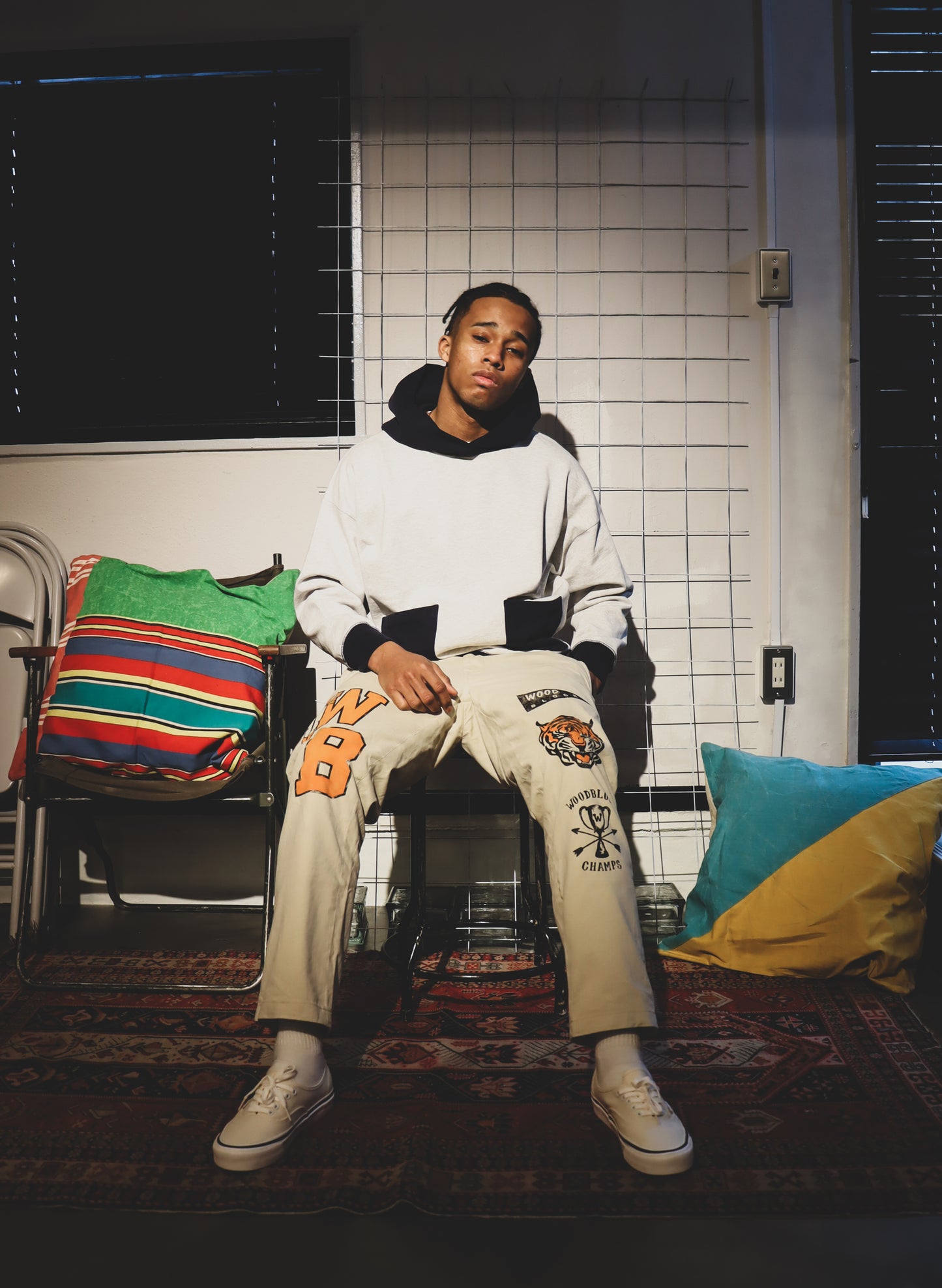 WOODBLOCK 2TONE SWEAT HOODIE NAVY/WHITE (WB-24SS-040)