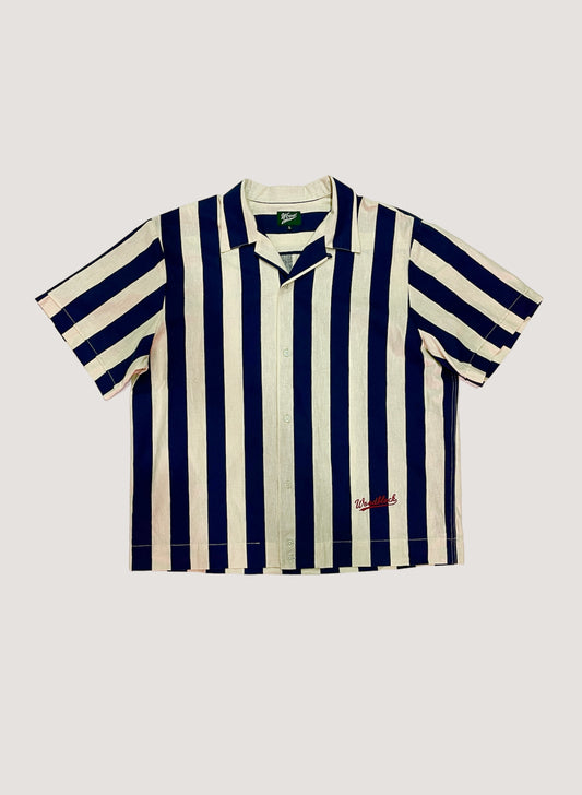 WOODBLOCK S/S OPEN COLLAR STRIPE SHIRT NAVY(23SS-022)
