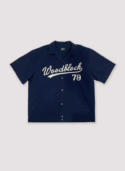 WOODBLOCK S/S OPEN COLLAR SHIRT WITH FELT PATCHES NAVY(23SS-016)