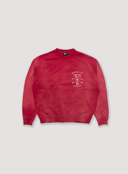 WOODBLOCK CHAMPS FADED & DAMAGE CREW NECK SWEAT(23SS-008-RED)