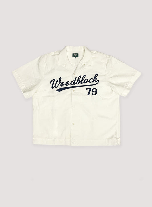 WOODBLOCK S/S OPEN COLLAR SHIRT WITH FELT PATCHES OFF WHITE(23SS-016)