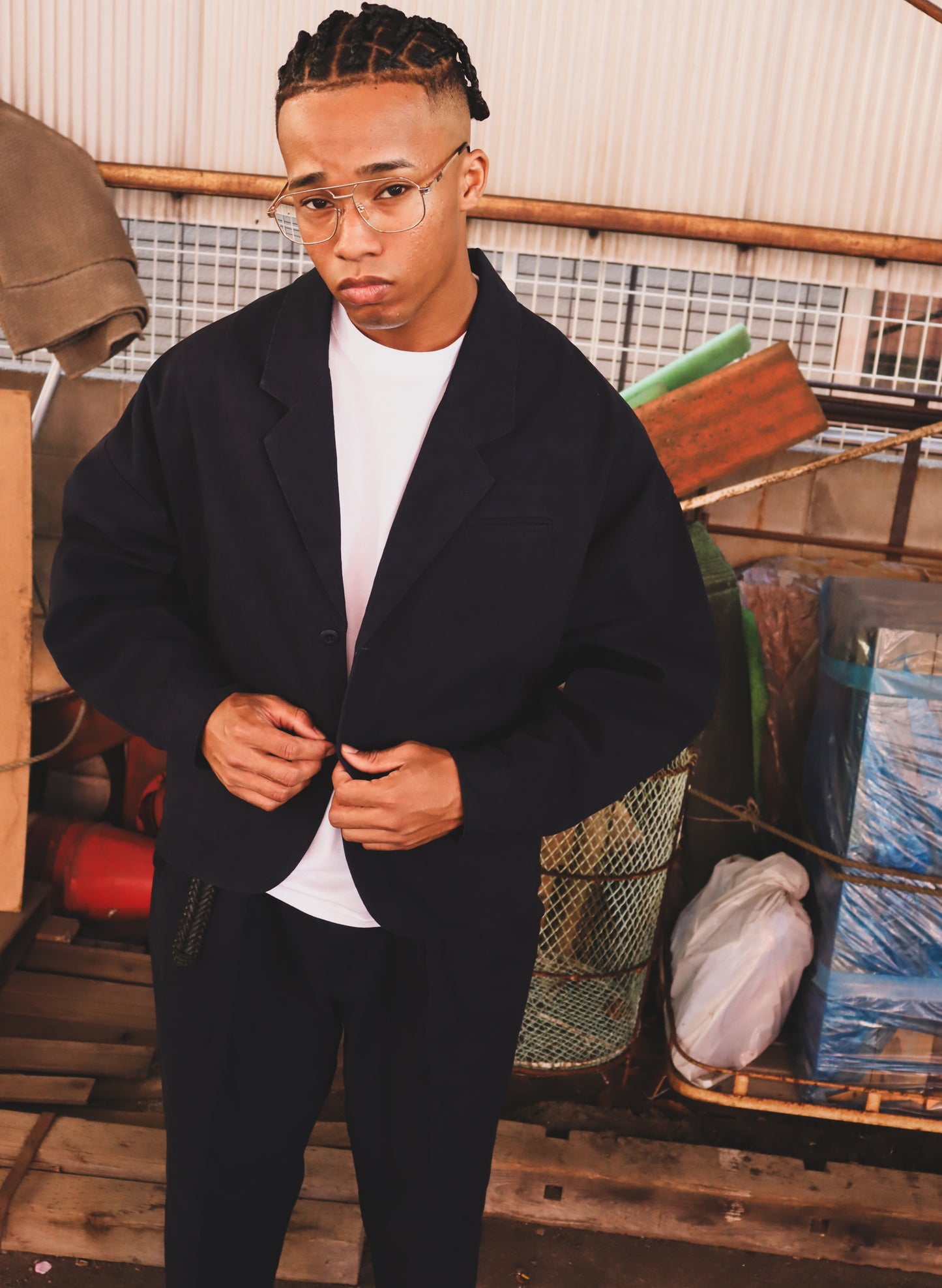 WOODBLOCK HERRINGBONE 2BTN WIDE SLEEVE JACKET NAVY(WB-25AW-004)