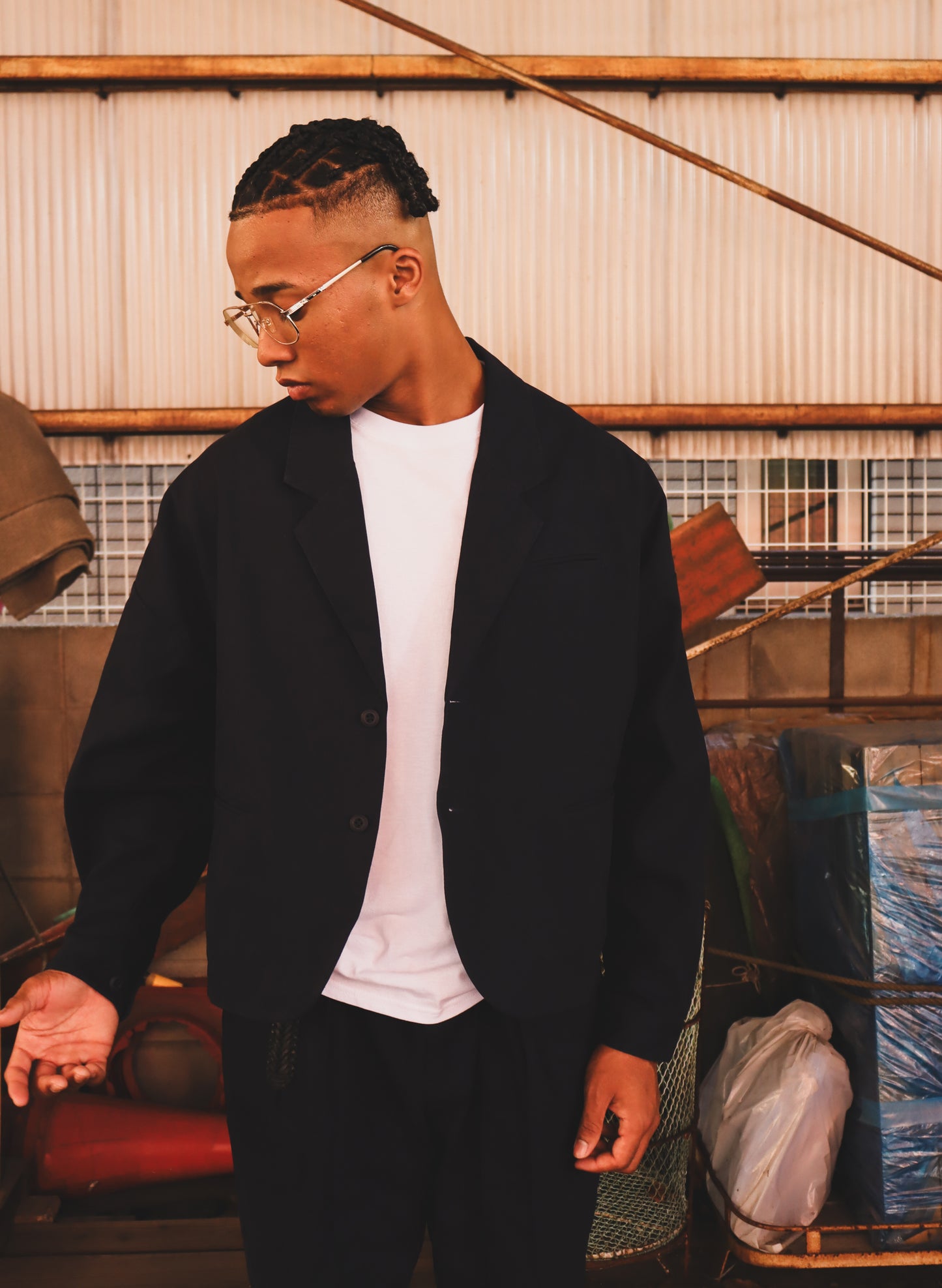 WOODBLOCK HERRINGBONE 2BTN WIDE SLEEVE JACKET NAVY(WB-25AW-004)